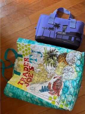 Trader joe’s tote bag and purple insulated lunch bag